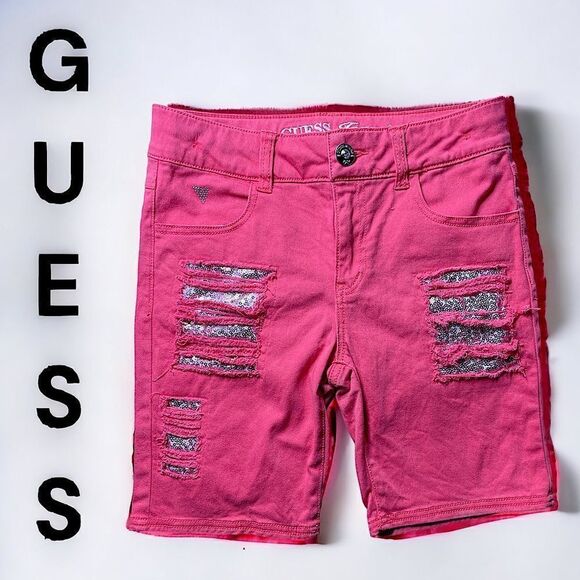 Guess Jeans l Girl’s Jean shorts l Coral Sequin l 5-pocket l Distressed l 12 - Picture 1 of 11
